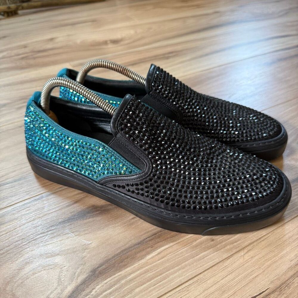 Gucci Men’s Black Teal Crystal Satin Slip-On Sneakers Casual Shoes Size 7.5